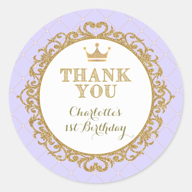 Purple Princess Baby Thank You Birthday Favours Classic Round Sticker (Front)