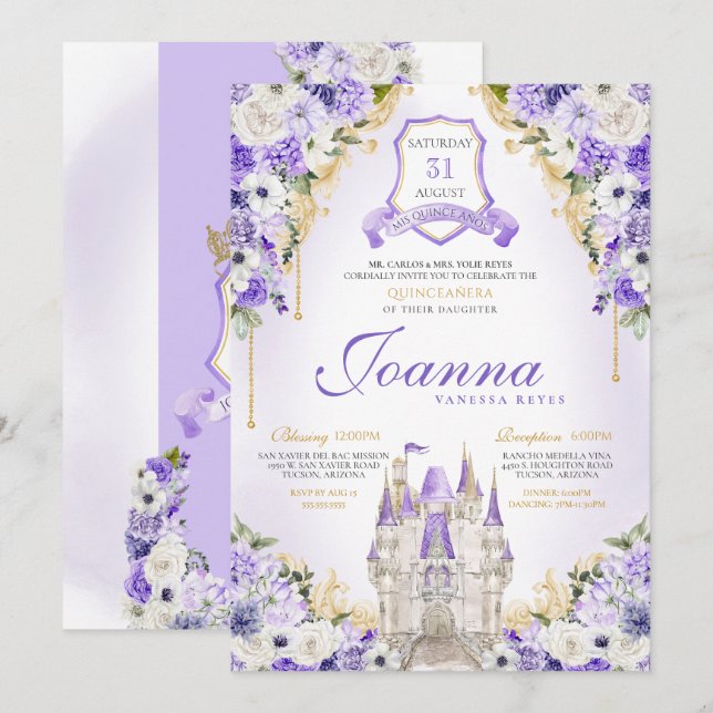 Purple Princess Castle Royal Lavender Quinceanera Invitation (Front/Back)