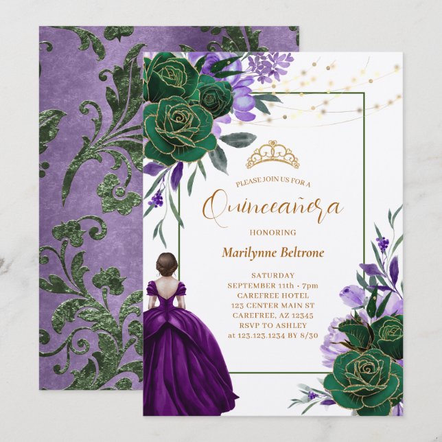 Purple Princess Floral Quinceañera Invitation (Front/Back)