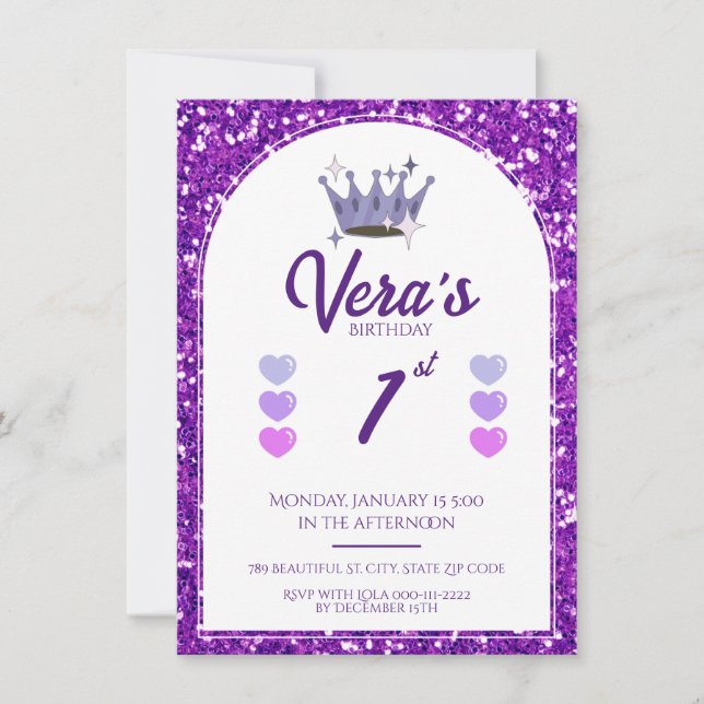 Purple Princess Glitter 1st Birthday Invitation (Front)