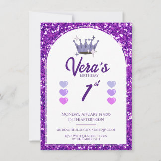 Purple Princess Glitter 1st Birthday Invitation