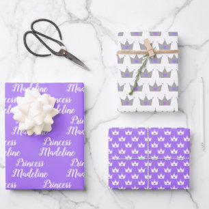 Purple Princess Name & Princess Crowns Wrapping Paper Sheet