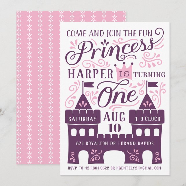 Purple Princess Party First Birthday Invitations (Front/Back)