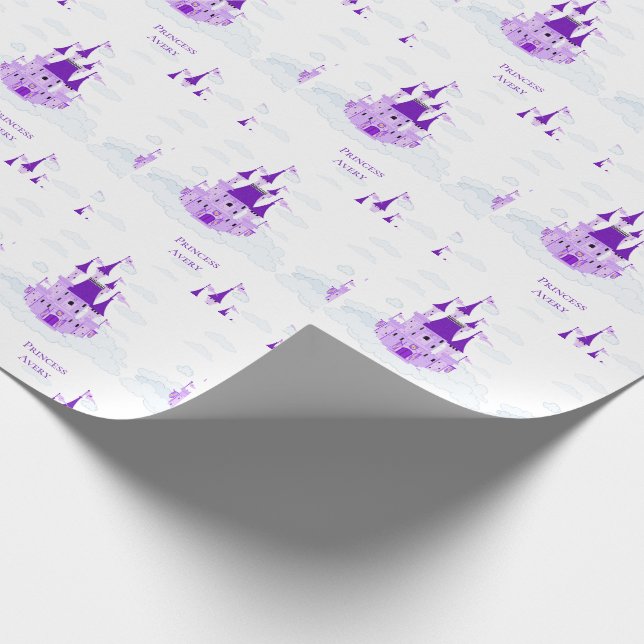 Purple Princess. Personalised Name Castle Girly Wrapping Paper (Corner)