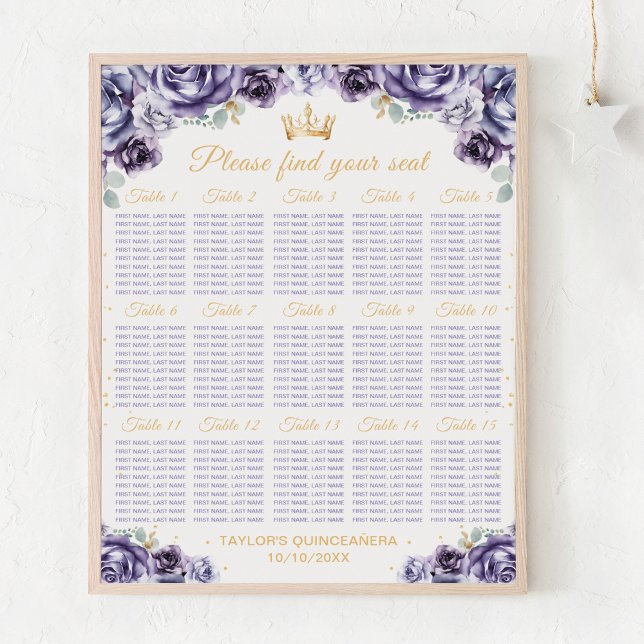 Purple Princess Quinceañera 15 Table Seating Chart (Creator Uploaded)