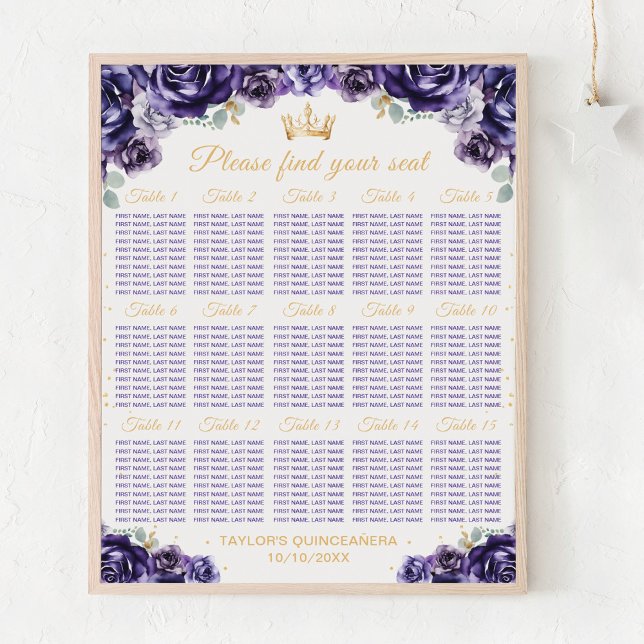 Purple Princess Quinceañera 15 Table Seating Chart (Creator Uploaded)