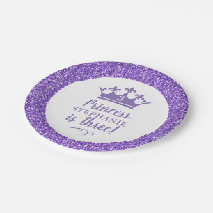 Purple Princess Tiara Crown Glitter Girl'sBirthday Paper Plate