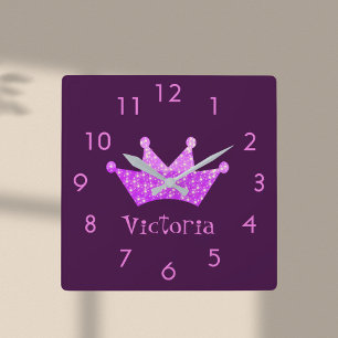 Purple princess tiara pink stars girl name square wall clock