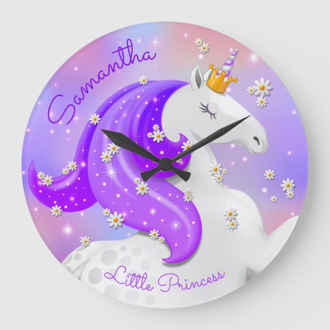 Purple Princess Unicorn Floral Nursery Kids Large Clock (Front)