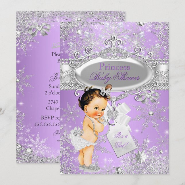 Purple Princess Winter Baby Shower Brunette Invitation (Front/Back)