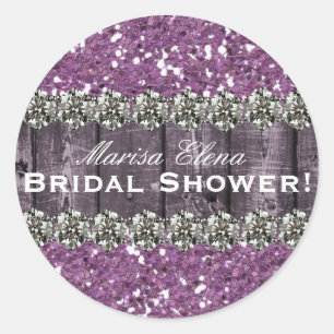 Purple Printed Glitter Wood Bridal Shower Favour Classic Round Sticker
