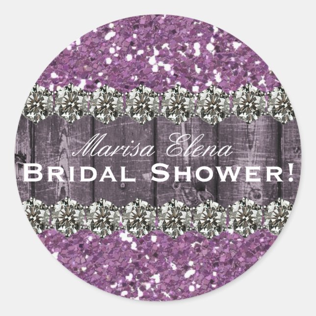 Purple Printed Glitter Wood Bridal Shower Favour Classic Round Sticker (Front)