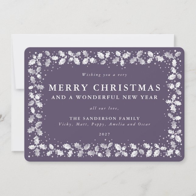 Purple Printed Holly Leaves Border Flat Non Photo Holiday Card (Front)