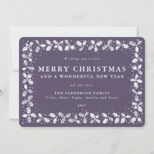 Purple Printed Holly Leaves Border Flat Non Photo Holiday Card