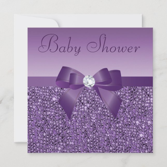 Purple Printed Sequins Bow & Diamond Baby Shower Invitation (Front)