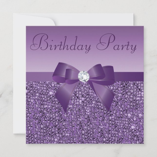 Purple Printed Sequins Bow & Diamond Birthday Invitation (Front)