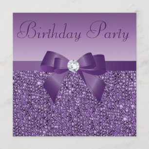 Purple Printed Sequins Bow & Diamond Birthday Invitation