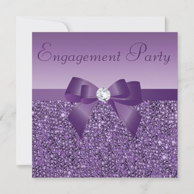 Purple Printed Sequins Bow & Diamond Engagement Invitation (Front)