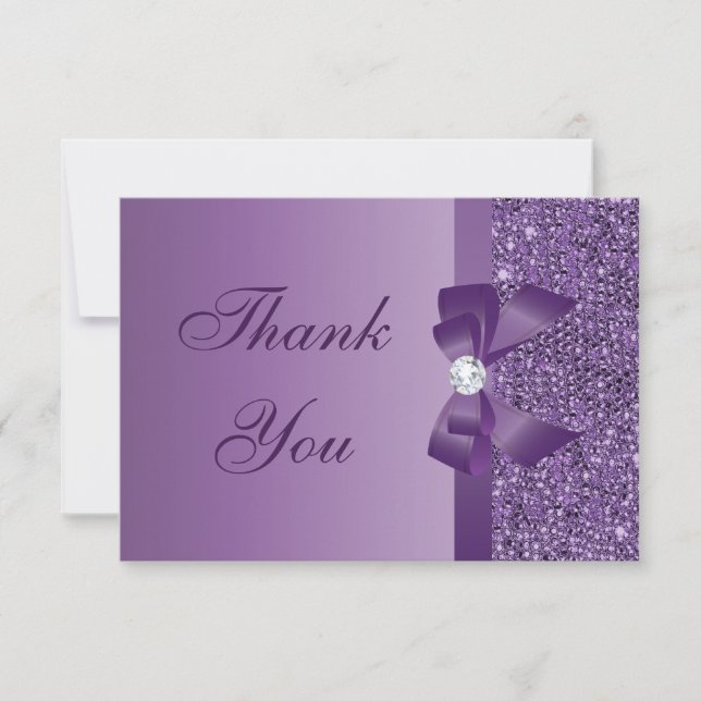 Purple Printed Sequins Bow & Diamond Thank You Card (Front)