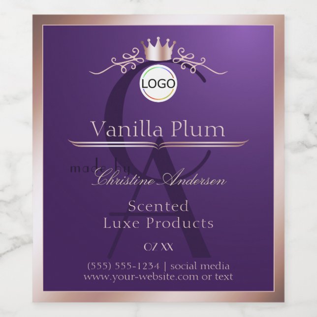 Purple Product Label Rose Gold Frame Logo Monogram (Single Label)