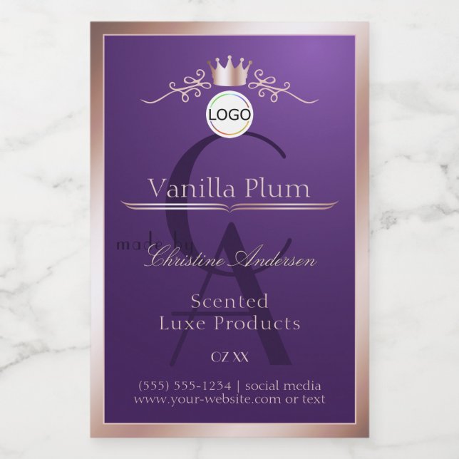 Purple Product Label Rose Gold Frame Logo Monogram (Single Label)