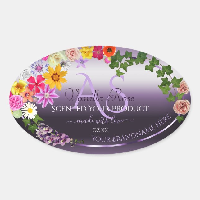 Purple Product Labels Colourful Flowers Monogram (Front)