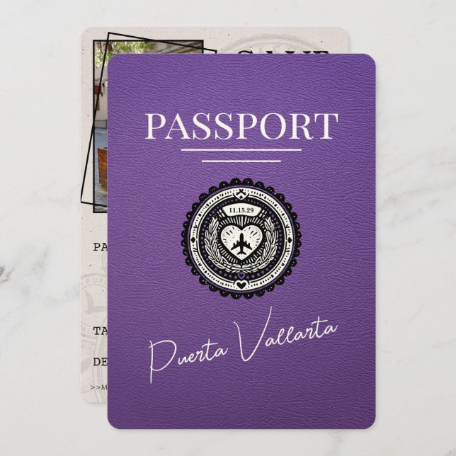 Purple Puerta Vallarta Passport Save The Date (Front/Back)