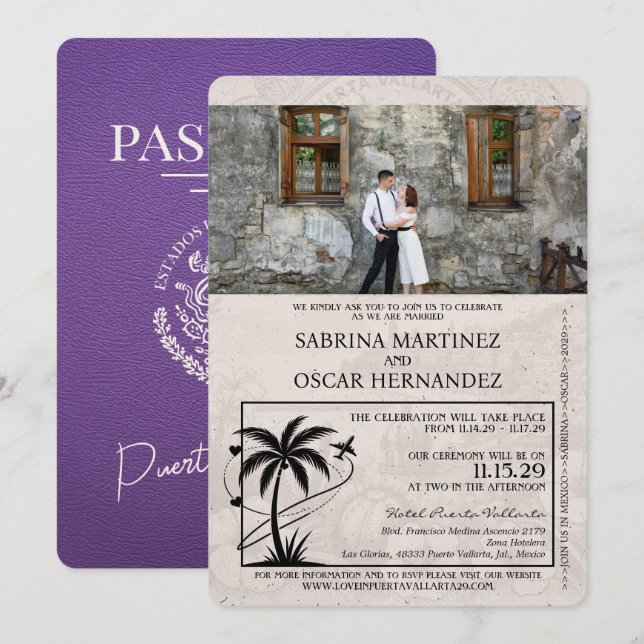 Purple Puerta Vallarta Passport Wedding Invitation (Front/Back)