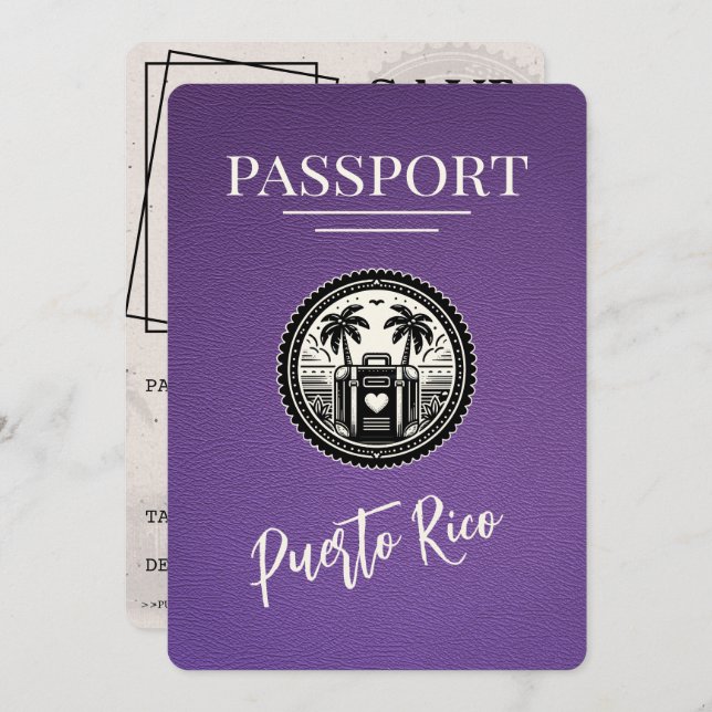 Purple Puerto Rico Passport Save The Date (Front/Back)