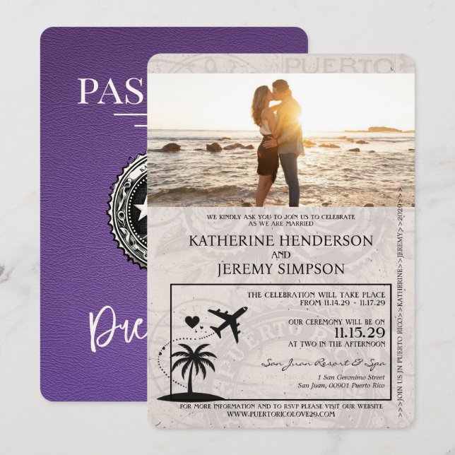 Purple Puerto Rico Passport Wedding Invitation (Front/Back)