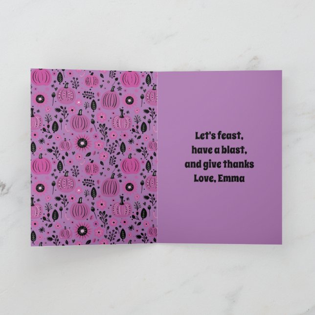 Purple pumpkin and fall flower personalised  invitation (Inside)