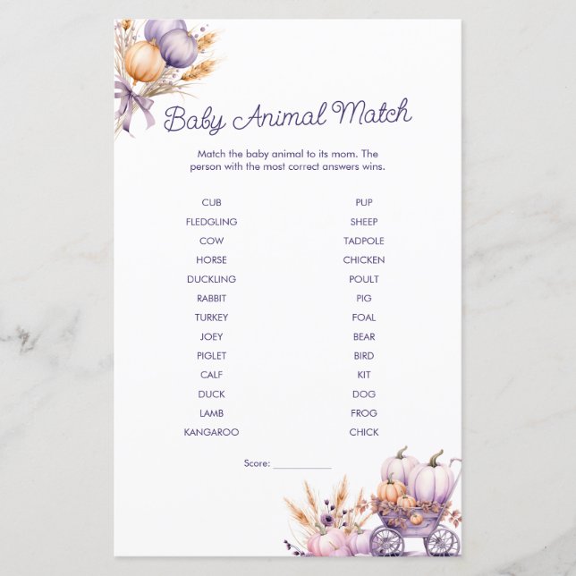 Purple Pumpkin Baby Animal Match Baby Shower Game (Front)