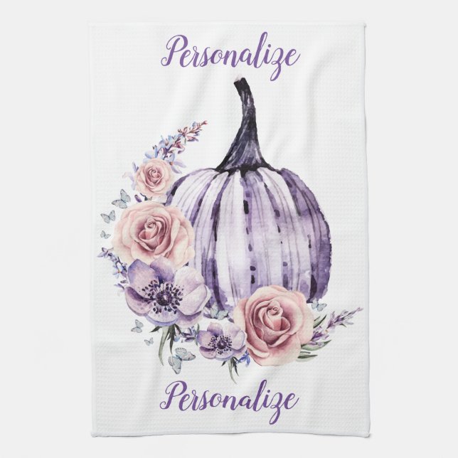 Purple pumpkin cute floral fall autumn flowers  tea towel (Vertical)