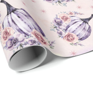 Purple pumpkin cute floral fall autumn flowers  wrapping paper