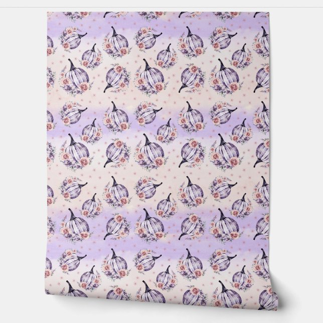 Purple pumpkin cute floral fall purple pink wallpaper (Unrolling)