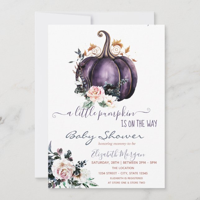 Purple Pumpkin Flowers,Dotted Baby Shower  Invitation (Front)