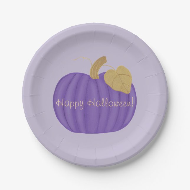 Purple Pumpkin Gold Leaf Halloween Paper Plates (Front)