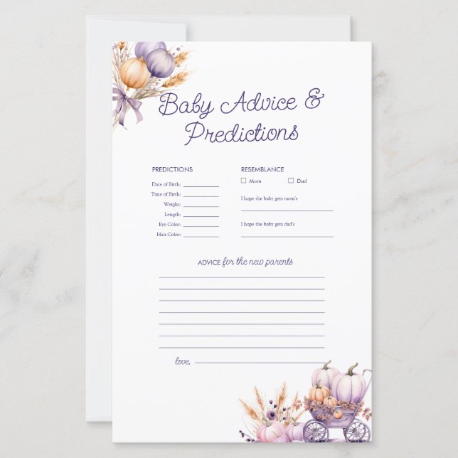 Purple Pumpkin Prediction Advice Baby Shower Game (Front)