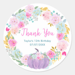 Purple Pumpkin Wreath Birthday Party Thank You Classic Round Sticker