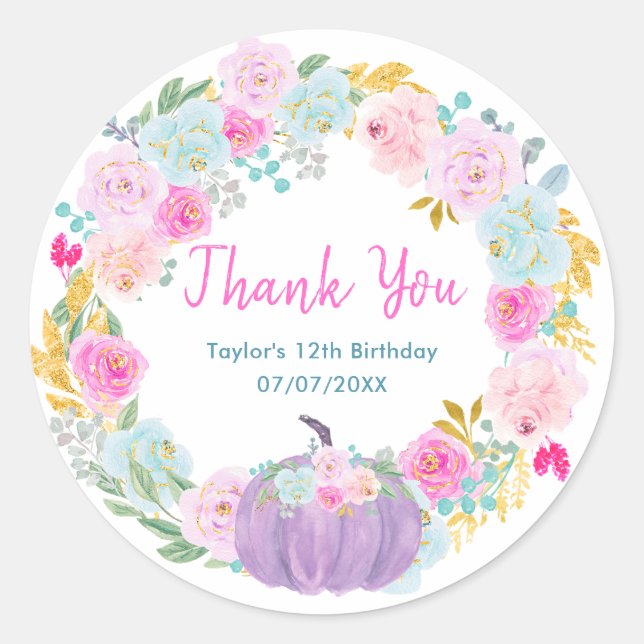 Purple Pumpkin Wreath Birthday Party Thank You Classic Round Sticker (Front)