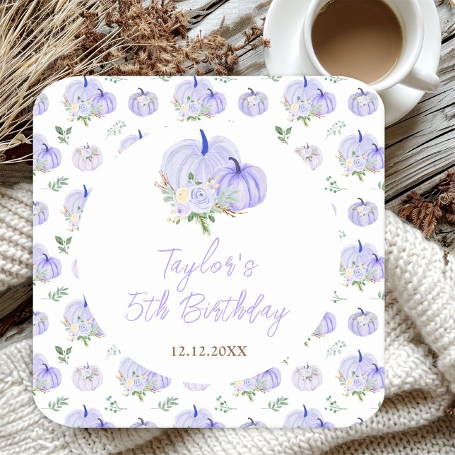 Purple Pumpkins Floral Birthday Party Square Paper Coaster (Creator Uploaded)