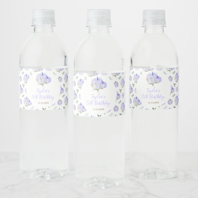 Purple Pumpkins Floral Birthday Party Water Bottle Label (Bottles)