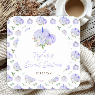 Purple Pumpkins Floral Sweet Sixteen Square Paper Coaster