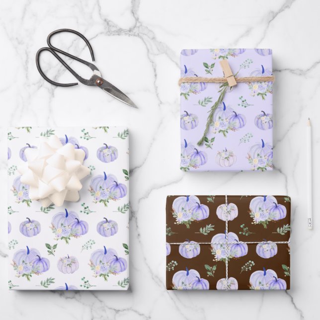 Purple Pumpkins Floral Wrapping Paper Sheet (Front)