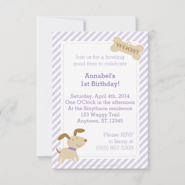 Purple Puppy Dog Invitation with Stripes and Dots (Front)