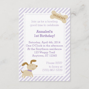 Purple Puppy Dog Invitation with Stripes and Dots