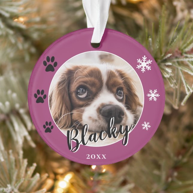 Purple Puppy Dog Name Photo Christmas Keepsake Ornament (Tree)