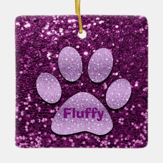 Purple Puppy Paw Purple Faux Glitter Ceramic Tree Decoration (Front)