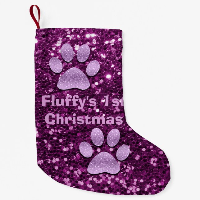 Purple Puppy Paws Faux Glitter 1st Christmas Small Christmas Stocking (Front)