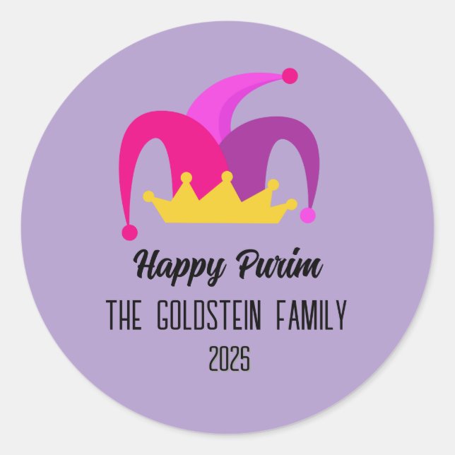 Purple Purim Clown Hat Family Name  Classic Round Sticker (Front)